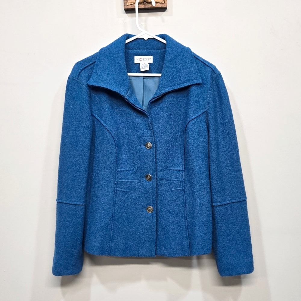 Vintage 90s JG Hook Boiled Wool Blazer Jacket Womens 6 Blue Artsy Scandi Teacher